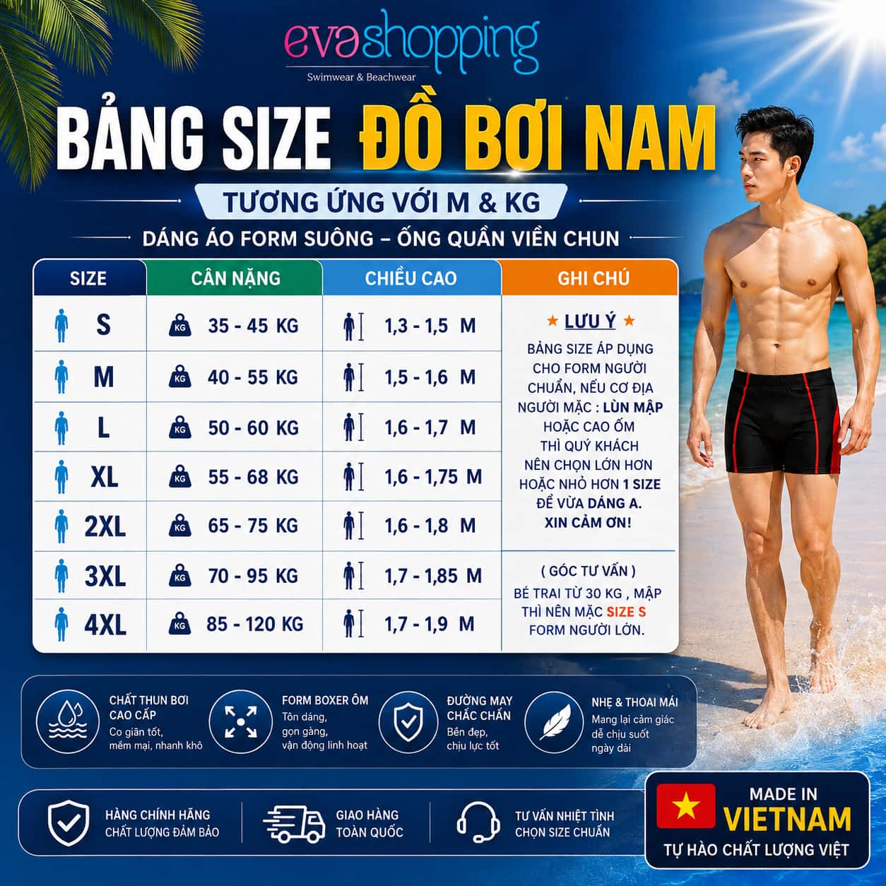 Bảng size đồ bơi nam Made in Việt Na - EVASHOPPING