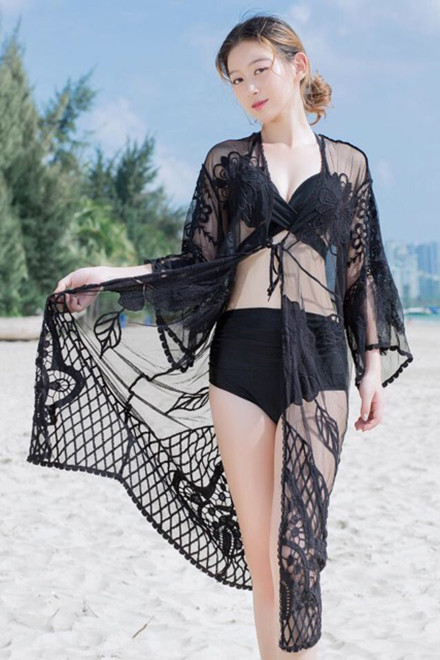 Áo choàng hoa ren đen dài AL98