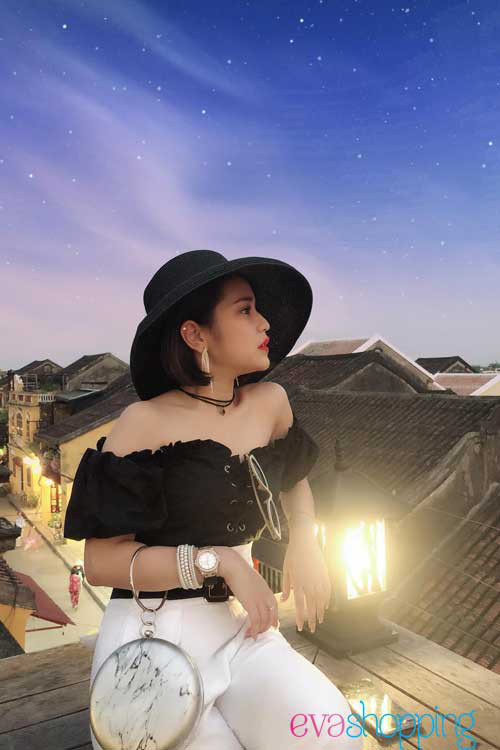 Nón cói chuông đi biển màu đen N02