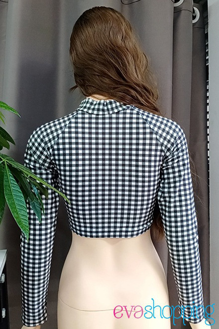 Áo bơi nữ croptop caro tay dài