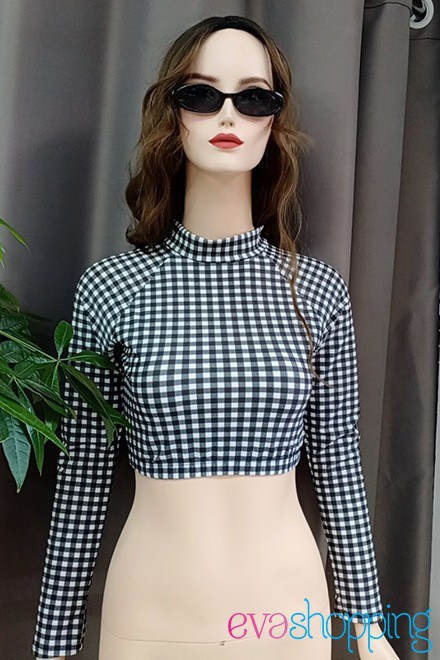Áo bơi nữ croptop caro tay dài