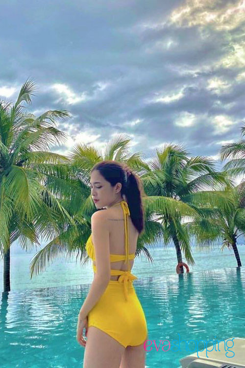 Đồ bơi cạp cao chéo hông vàng BKN758