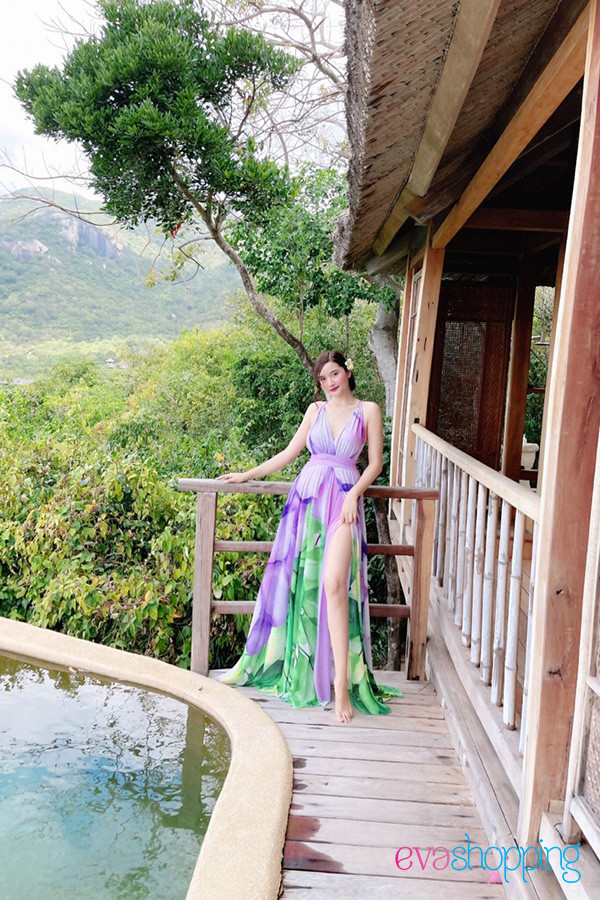 Đầm maxi hở lưng đi biển M80