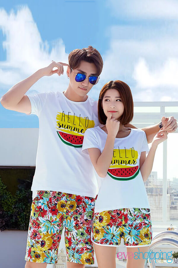 Đồng phục gia đình đi biển Hello summer quả dưa hấu