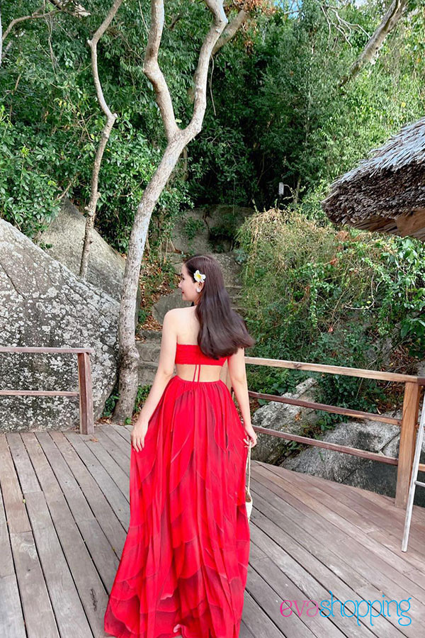 Đầm maxi cổ yếm hoa hồng M85