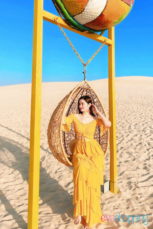 Đầm maxi trễ vai đi biển M87