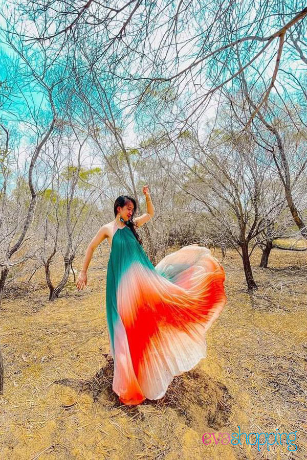 Đầm maxi dập cổ yếm M89