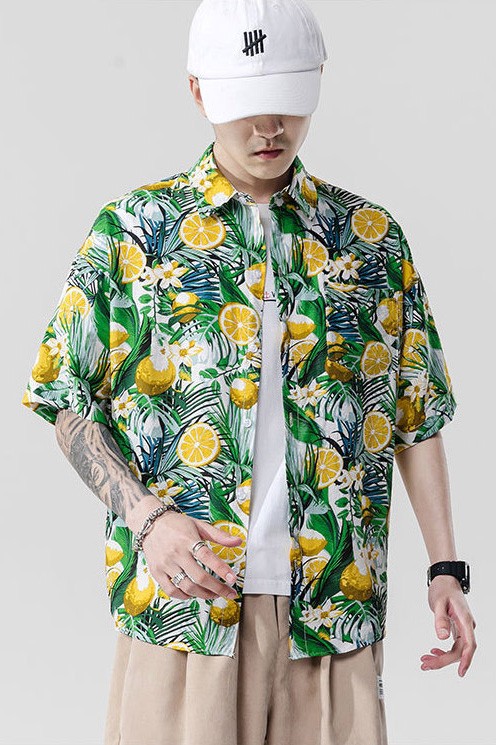 Áo sơ mi hawaii họa tiết trái chanh, lá cọ nhiệt đới (Unisex) ASM023