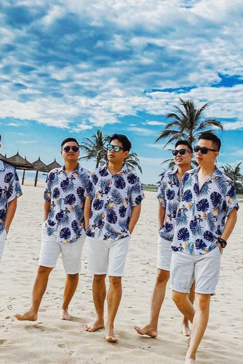 Áo sơ mi hawaii họa tiết lá cọ nhiệt đới, trái đào (Unisex)