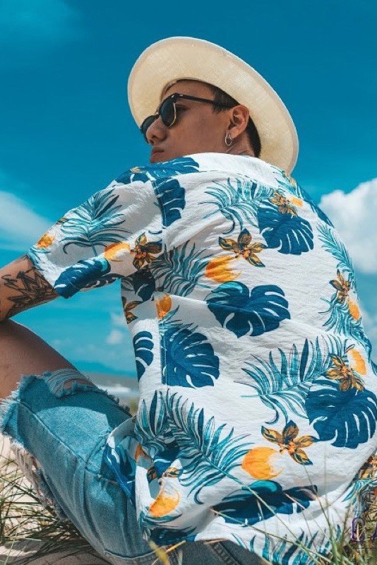 Áo sơ mi hawaii họa tiết lá cọ nhiệt đới, trái đào (Unisex)