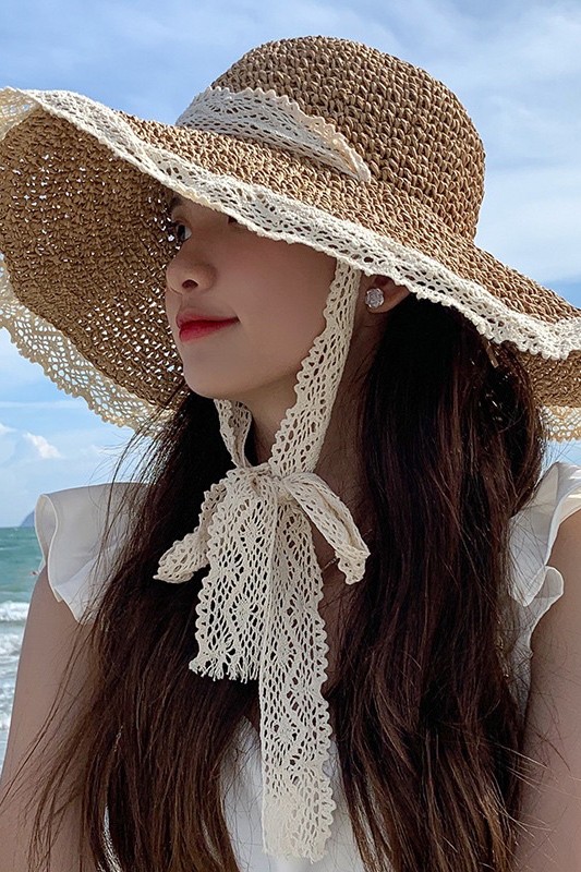 Nón cói mềm phong cách hàn quốc vành rộng viền phối quai ren dễ thương