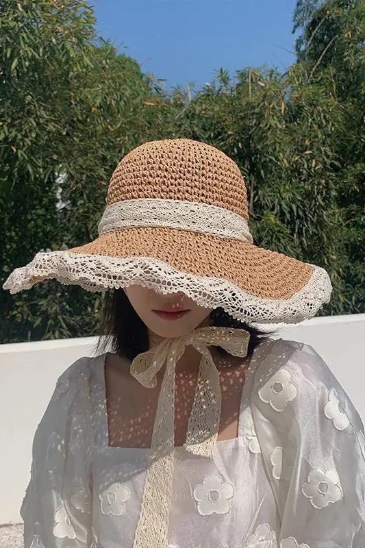 Nón cói mềm phong cách hàn quốc vành rộng viền phối quai ren dễ thương
