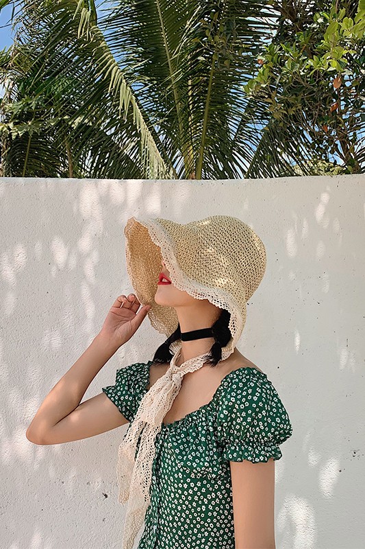 Nón cói mềm phong cách hàn quốc vành rộng viền phối quai ren dễ thương