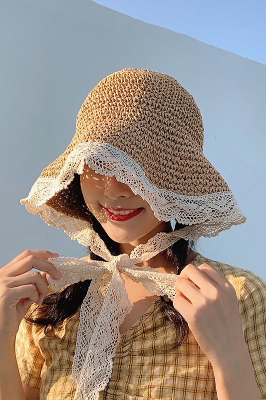 Nón cói mềm phong cách hàn quốc vành rộng viền phối quai ren dễ thương