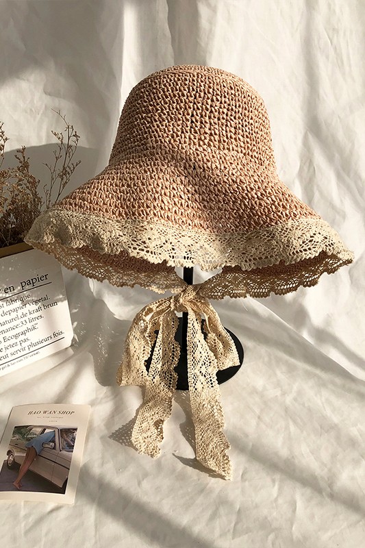 Nón cói mềm phong cách hàn quốc vành rộng viền phối quai ren dễ thương