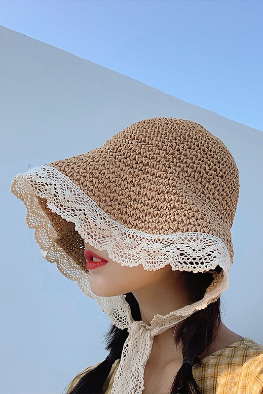 Nón cói mềm phong cách hàn quốc vành rộng viền phối quai ren dễ thương