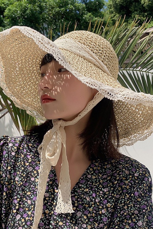 Nón cói mềm phong cách hàn quốc vành rộng viền phối quai ren dễ thương