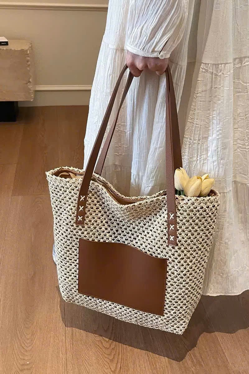 Túi cói đi biển phối da TC09