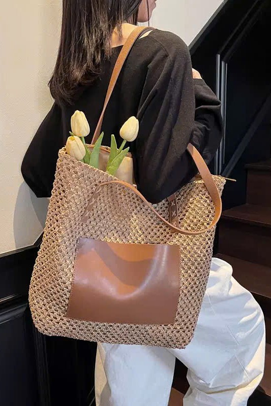 Túi cói đi biển phối da TC09