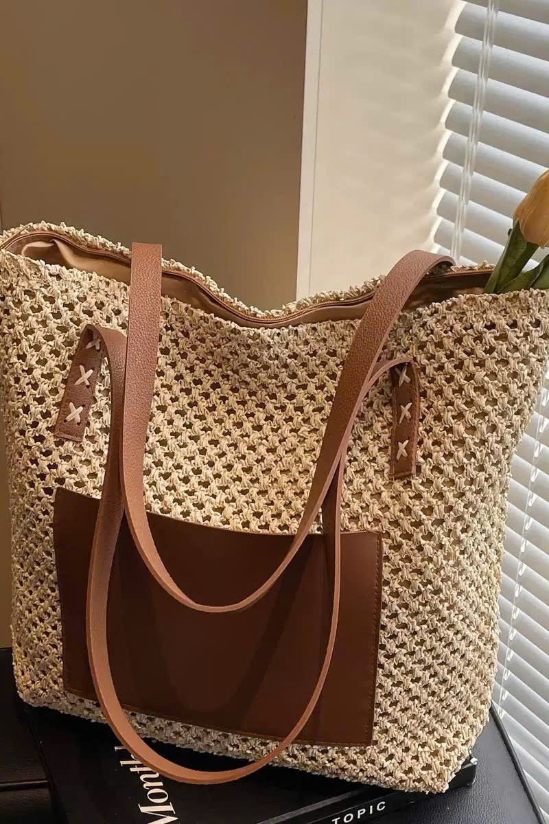 Túi cói đi biển phối da TC09