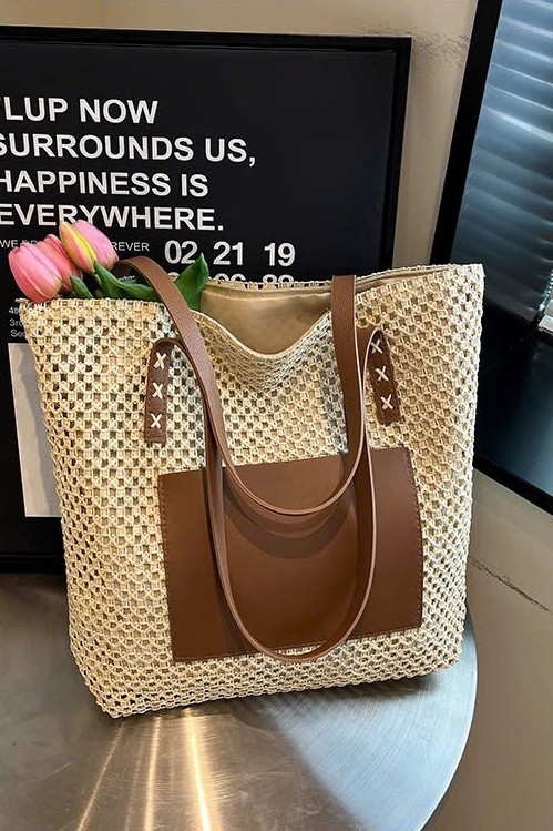 Túi cói đi biển phối da TC09