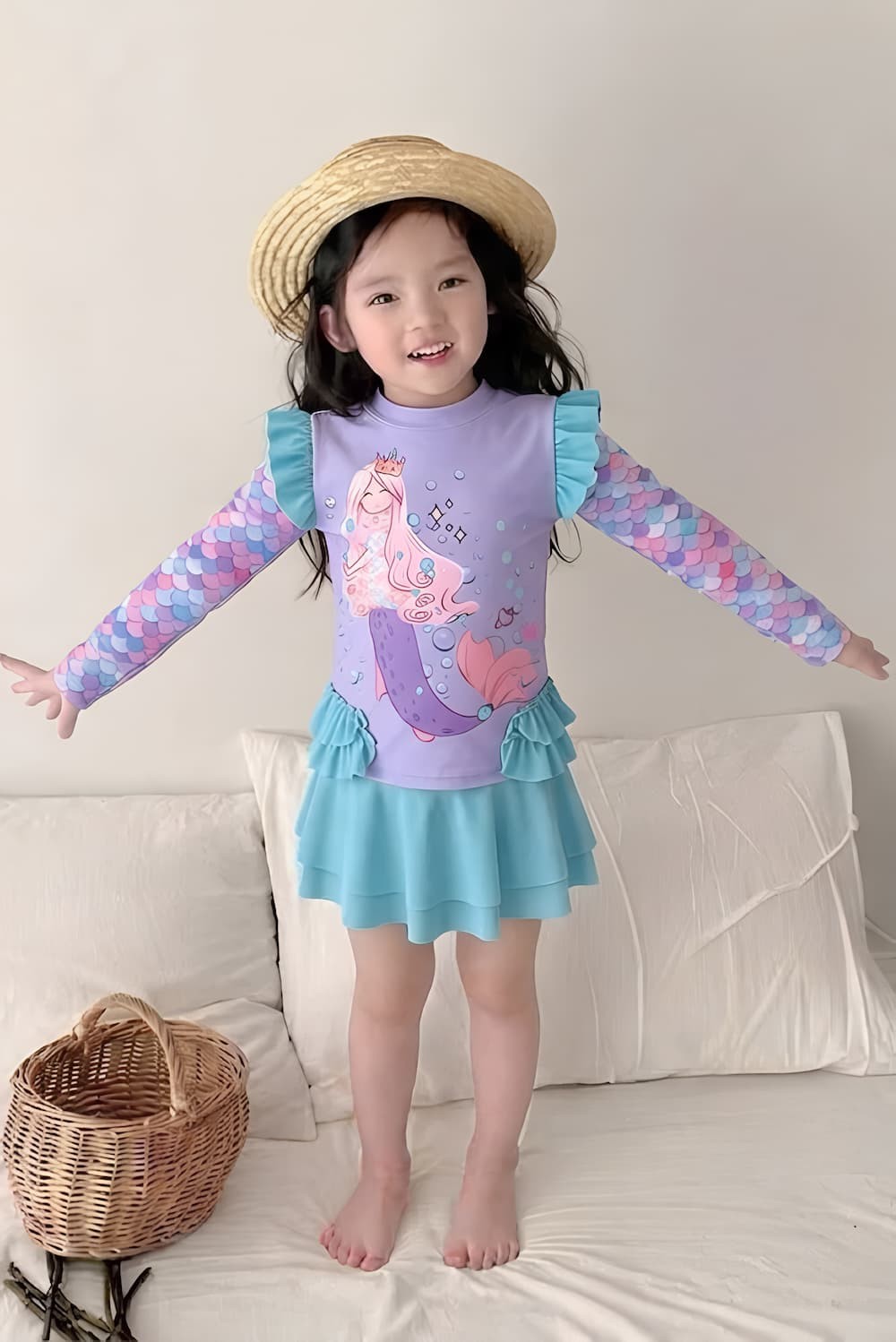 Đồ bơi bé gái dài tay nàng tiên cá dạng váy dài tay chống nắng