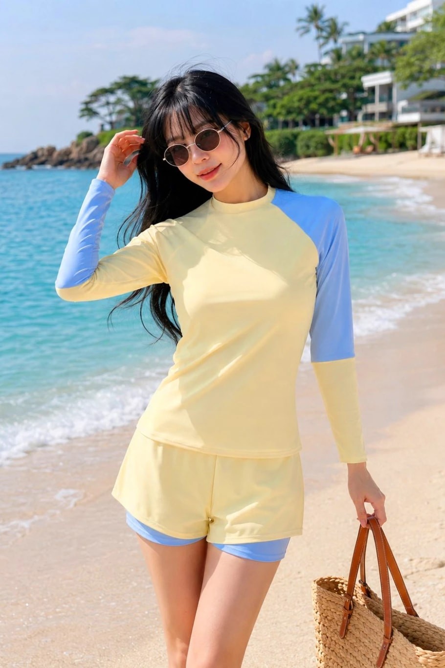 Đồ bơi nữ dài tay kín đáo màu vàng kem xanh