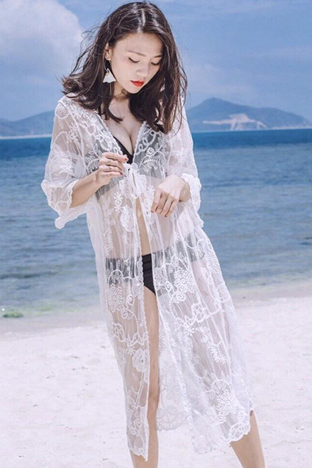 Áo choàng đi biển ren voan dài
