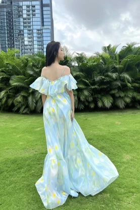 Váy maxi hoa xanh tone pastel