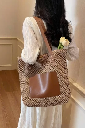 Túi cói đi biển phối da TC09